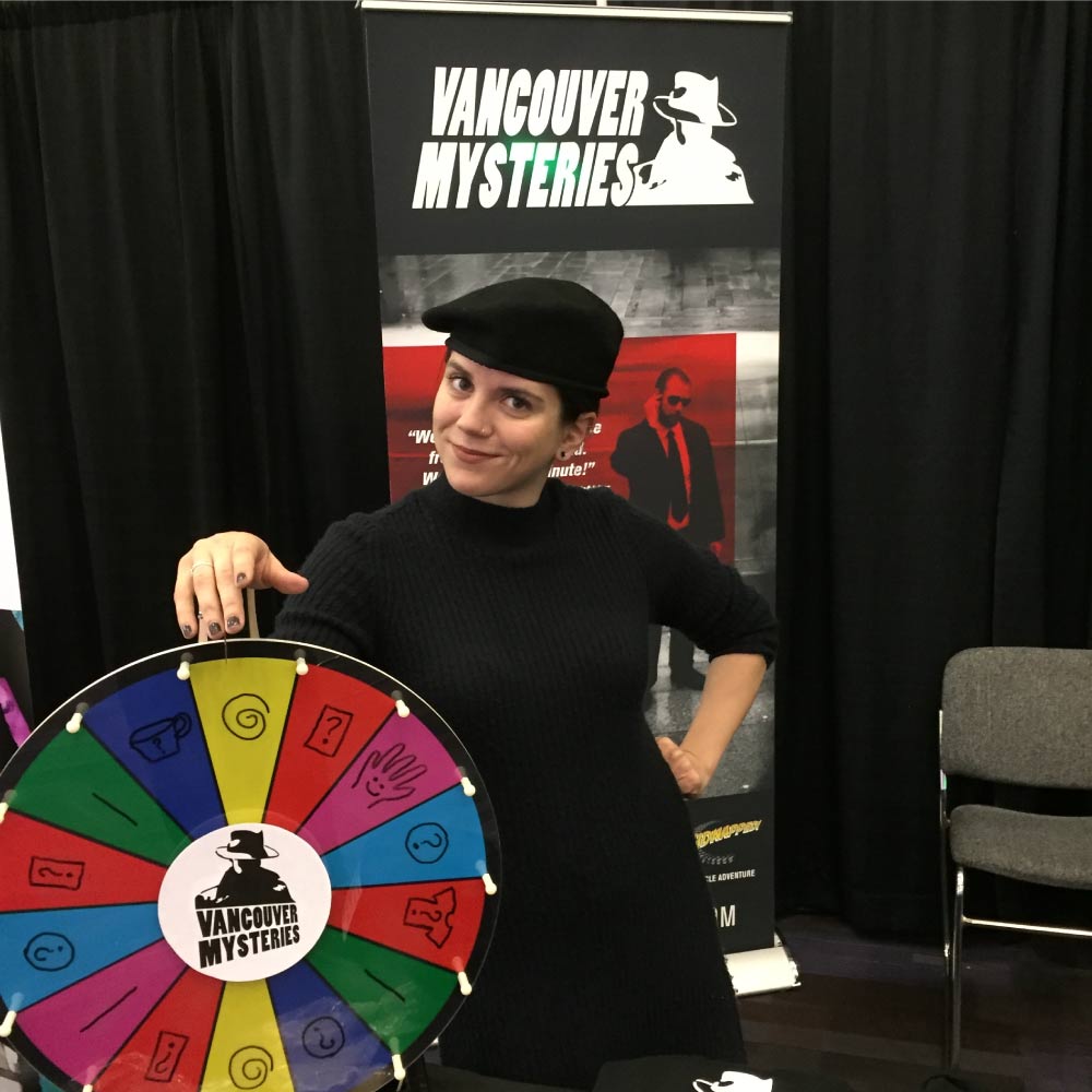 Shelby with the Wheel of Mystery at the 2019 BC Clefs D'or Tourism Showcase