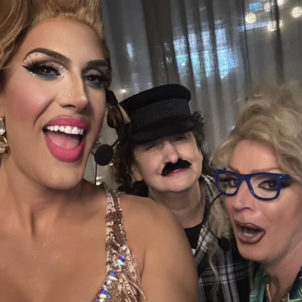 Tony and his friends at a special Christmas edition of Murder is a Drag